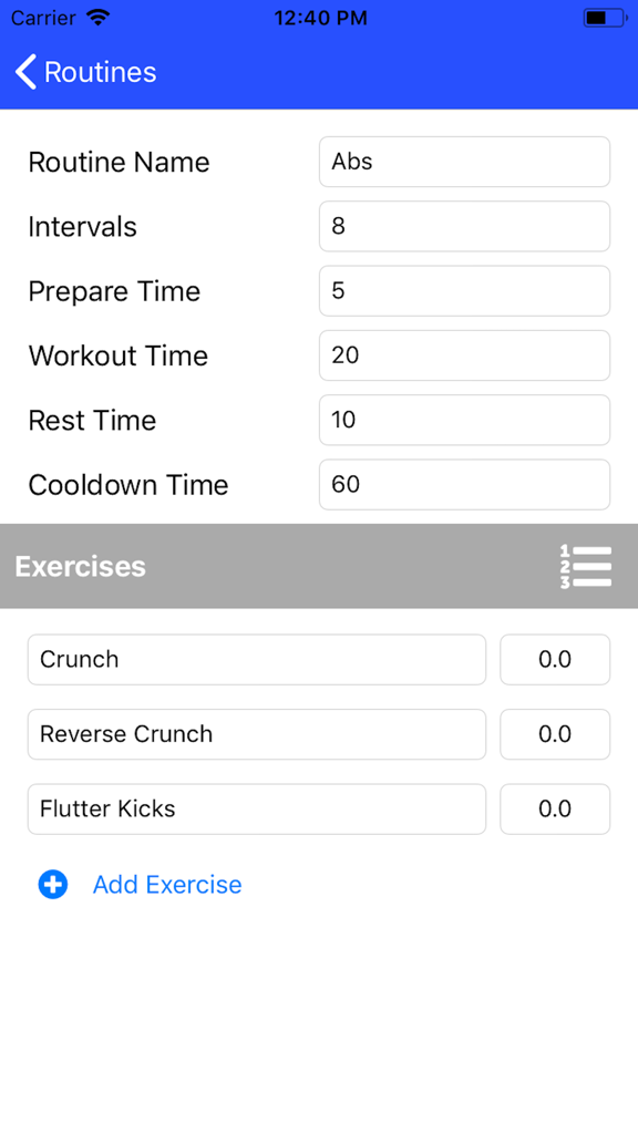 Tabata Timer - HIIT - Interface for customizing a HIIT workout routine including intervals, timing, and exercise names.