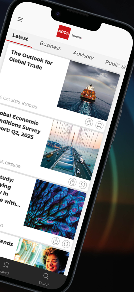 ACCA Insights - ACCA Insights App-Oberfläche mit den neuesten Fachberichten und globalen Wirtschaftsumfragen