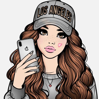 realistic beautiful girl wearing los ángeles cap holding an iphone
