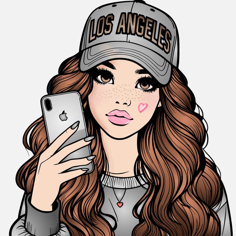 realistic beautiful girl wearing los ángeles cap holding an iphone