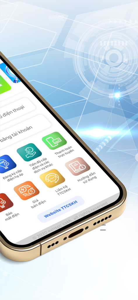 Pantalla de teléfono inteligente que muestra la interfaz de la aplicación CSKH EVNSPC con iconos para pagos de electricidad y reporte de cortes