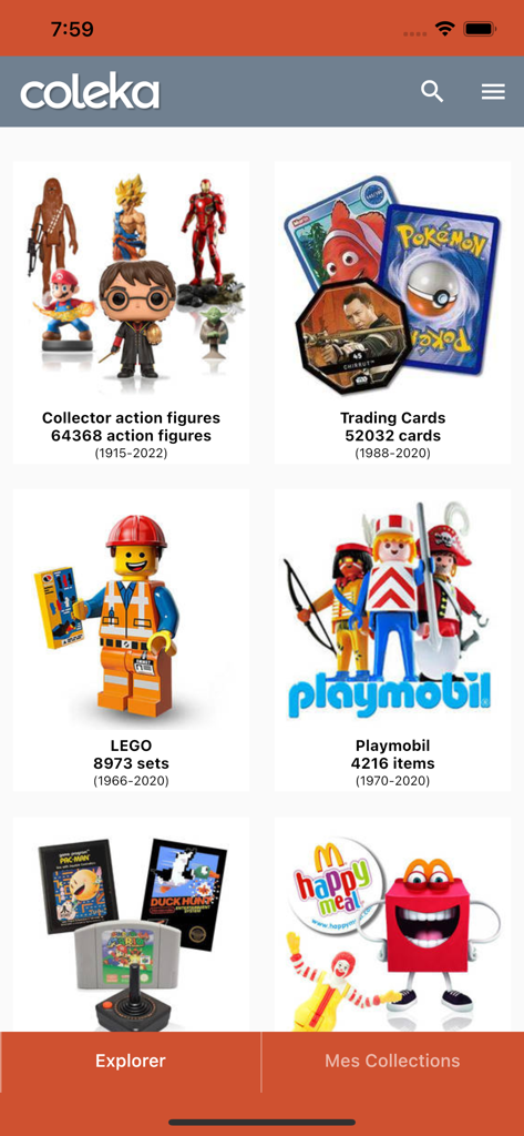 COLEKA - Tela do explorador do aplicativo COLEKA mostrando categorias para coleções de action figures, cartas colecionáveis e LEGO.