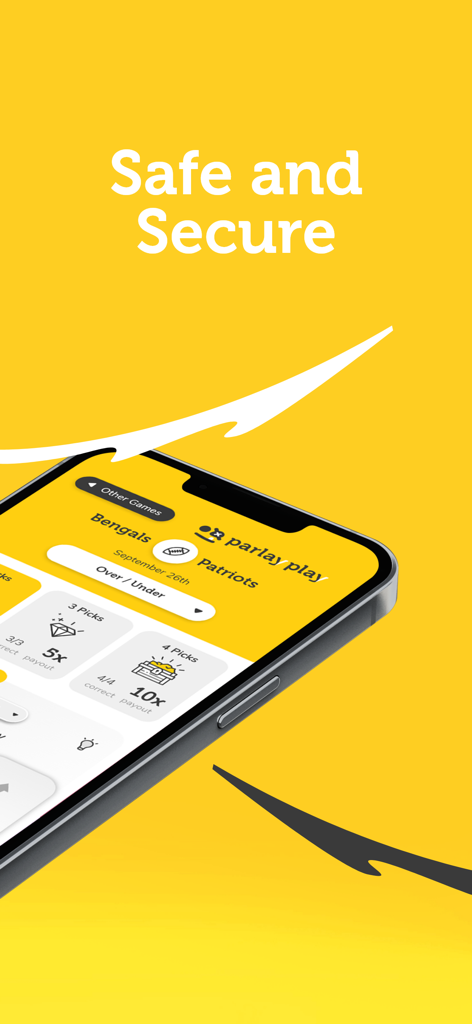 A mobile screen showing the ParlayPlay fantasy sports app interface with the text Safe and Secure and options for game picks