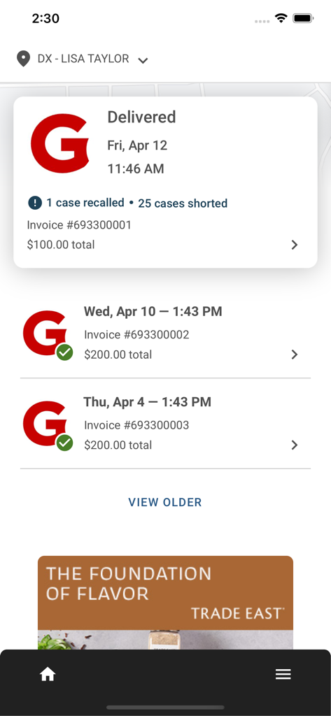 Gordon Now - Delivery history dashboard in the Gordon Now app displaying invoice status and short ship alerts