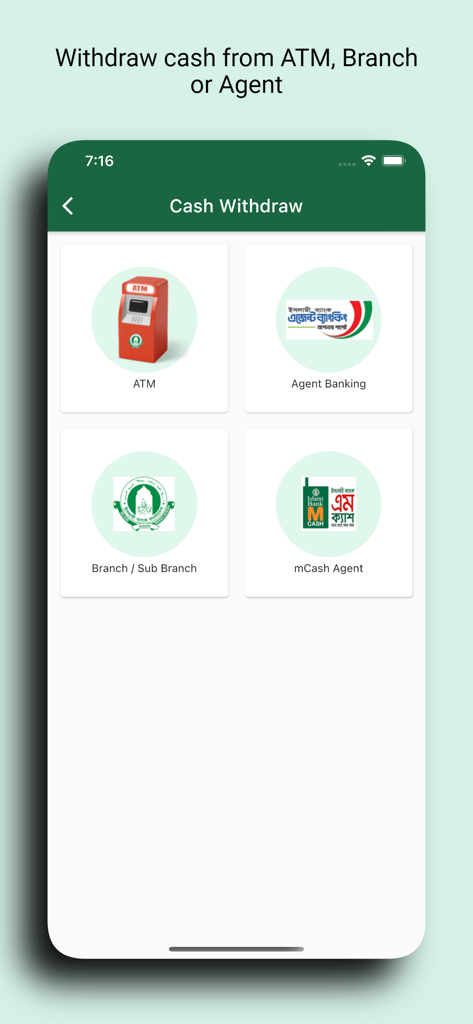 CellFin App-Bildschirm mit verschiedenen Bargeldabhebungsoptionen, einschließlich ATM Agent Banking und Filialstandorten