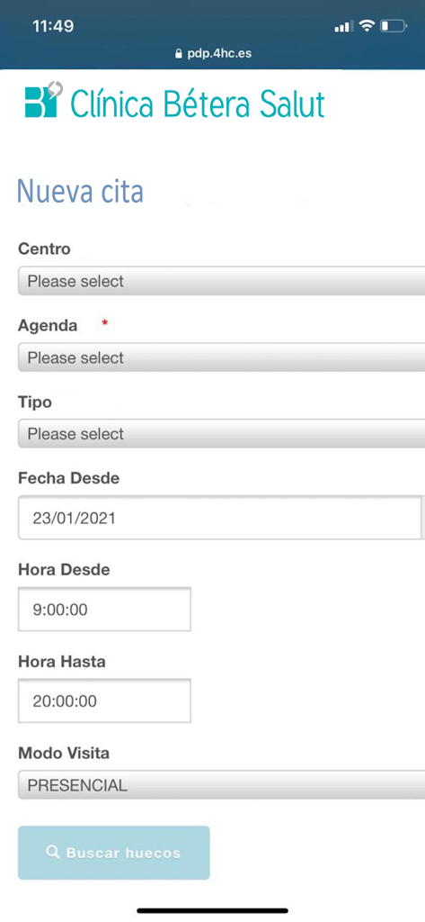 Betera Salut - Interfaz de la aplicación Betera Salut que muestra el formulario para programar una nueva cita médica con opciones de fecha y hora