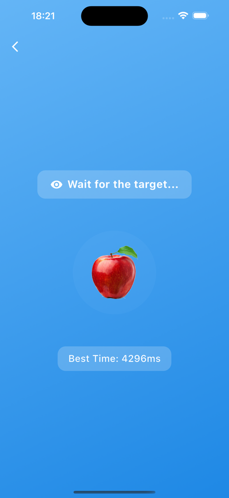 反応時間トレーニング画面。リンゴのターゲットとベストタイム記録が表示されています。