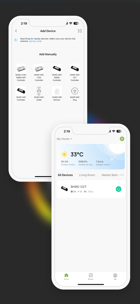 LUX Control - Screenshots of the LUX Control app displaying the device addition menu and the home automation dashboard for GM Lighting products.