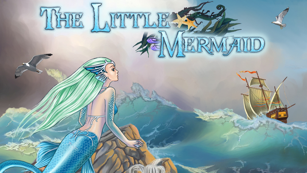 The Little Mermaid Game Book - La Sirenita con el pelo verde sentada en una roca observando un barco de vela en las olas del océano