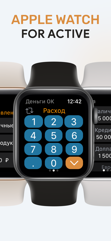 Money OK personal finance app interface on Apple Watch for quick expense entry