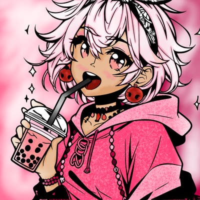 hot baddie anime girl drinking boba and biting the straw