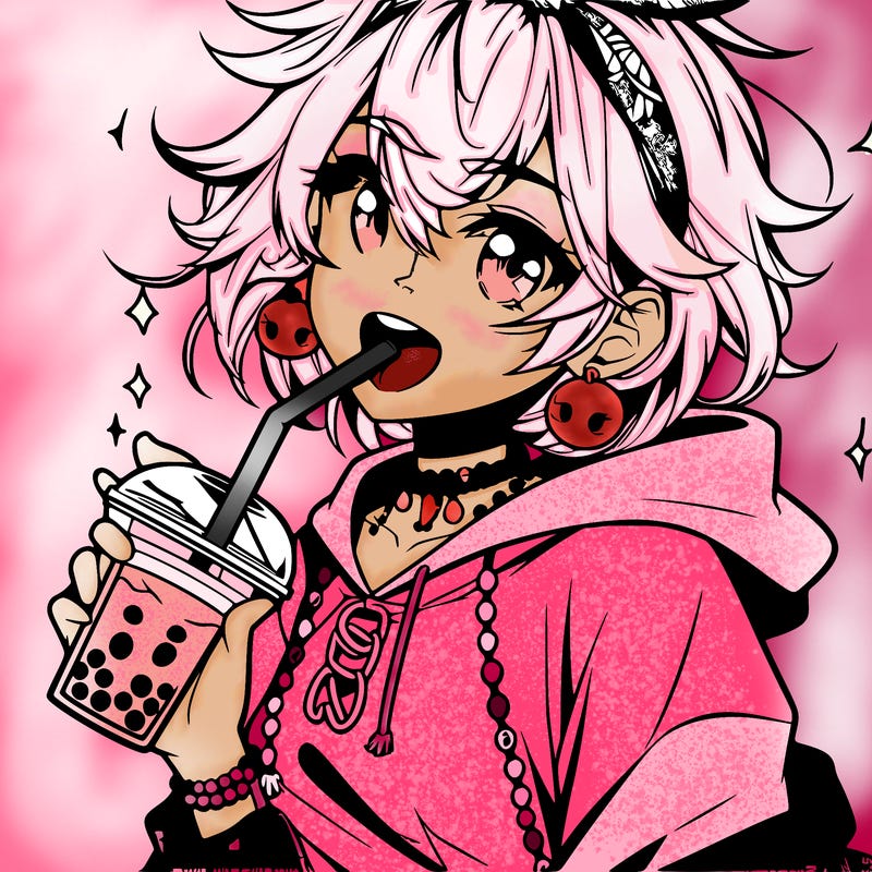 hot baddie anime girl drinking boba and biting the straw