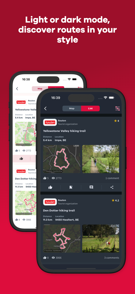 NodeMapp Hike - Two smartphones displaying the NodeMapp Hike app in light and dark modes showing lists of suggested hiking routes