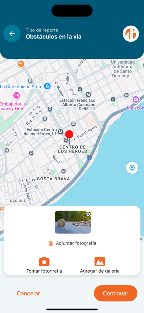 INTRANT RD - Oberfläche der INTRANT RD App zur Meldung von Hindernissen auf der Straße mit Karten- und Foto-Anhangsfunktionen