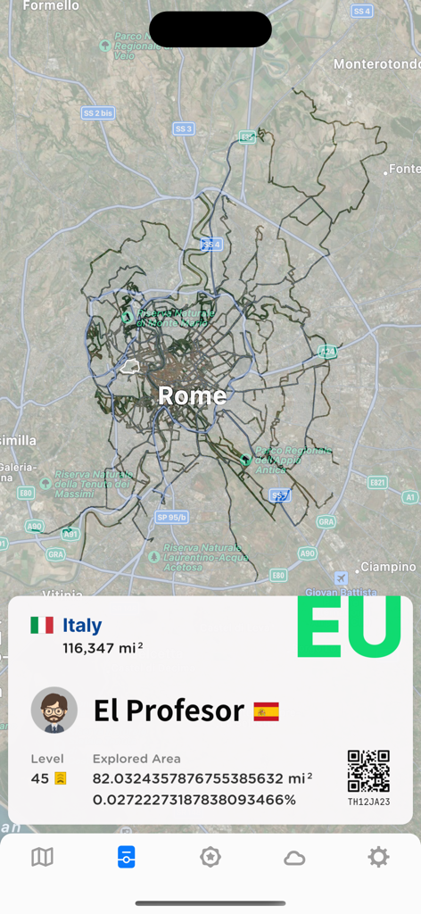 Fog of World app interface displaying travel paths in Rome and user exploration statistics