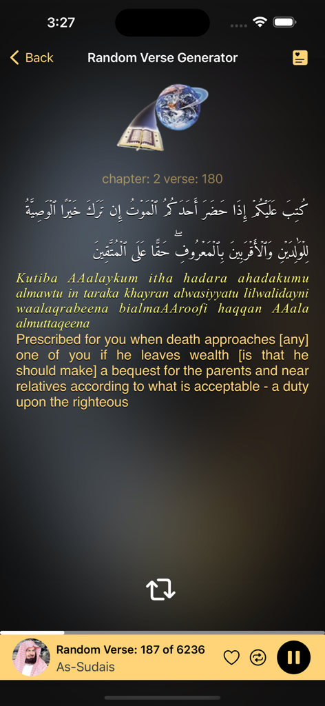 Smartphone screen displaying a random Quran verse in Arabic and English with audio playback controls