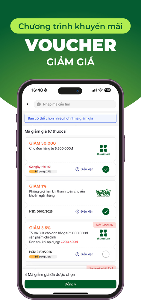 Buymed Vietnam - Buymed Vietnam mobile app interface displaying a list of discount vouchers for wholesale pharmaceutical procurement