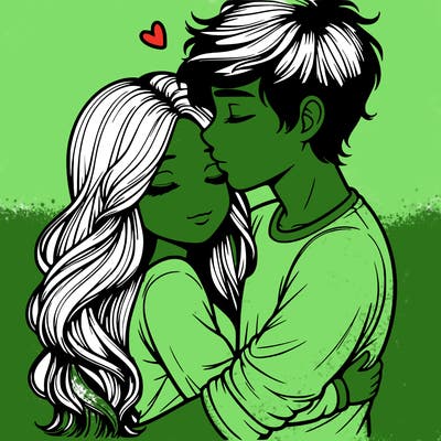 a realistic couple boy and girl hugging and kissing