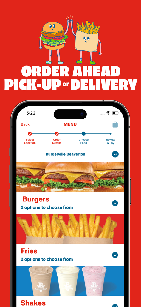 Burgerville ordering app menu screen showing burgers fries and shakes for pick up or delivery.
