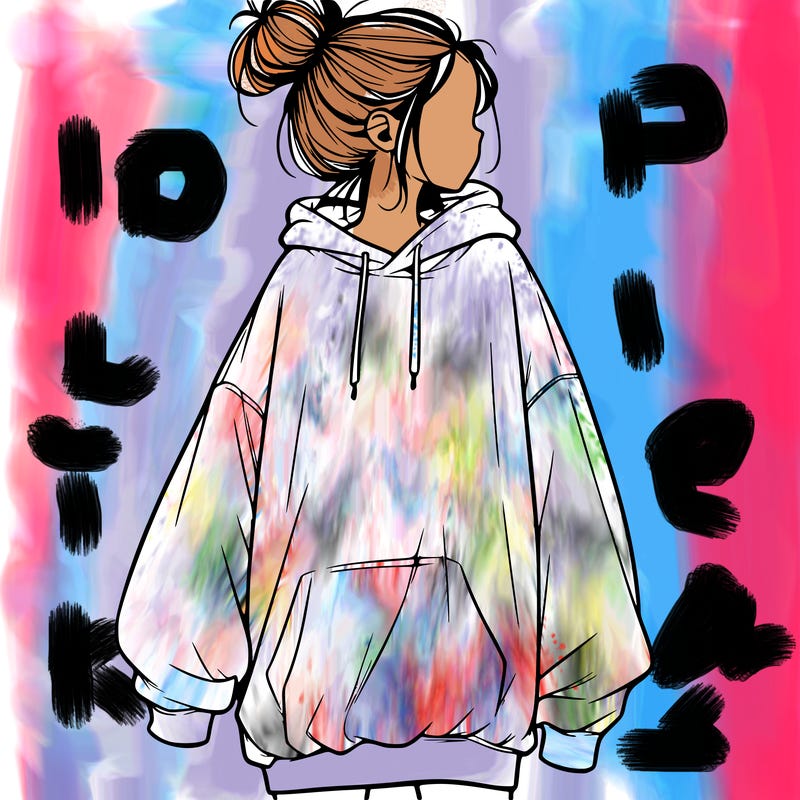 realistic girl with a oversized sweatshirt on and a bun