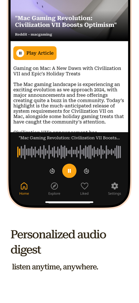 Two-Times app screen showing a personalized audio news summary