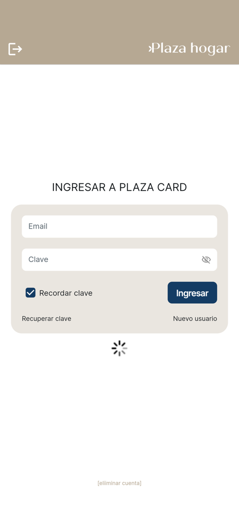 Plaza Hogar - Tela de login do aplicativo móvel Plaza Hogar para acessar os detalhes do Plaza Card