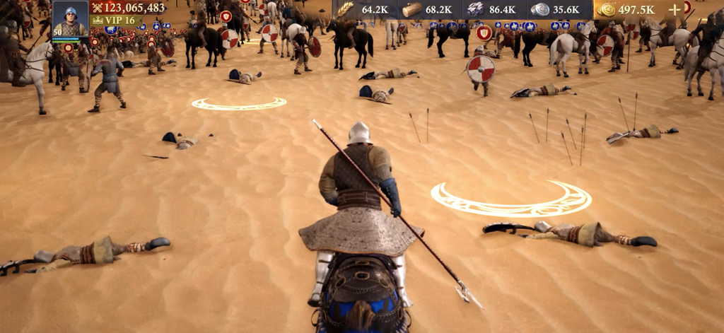 Frost & Flame: King of Avalon - A medieval knight on horseback in the middle of a desert battlefield in King of Avalon.