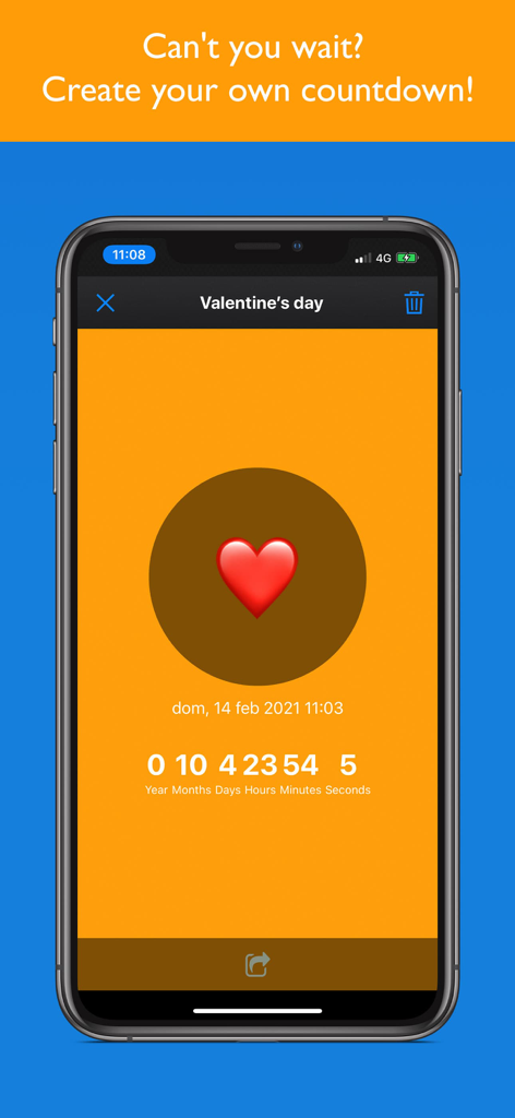 Countdown - count down to - Smartphone screen displaying a customized countdown for Valentines Day with a heart icon