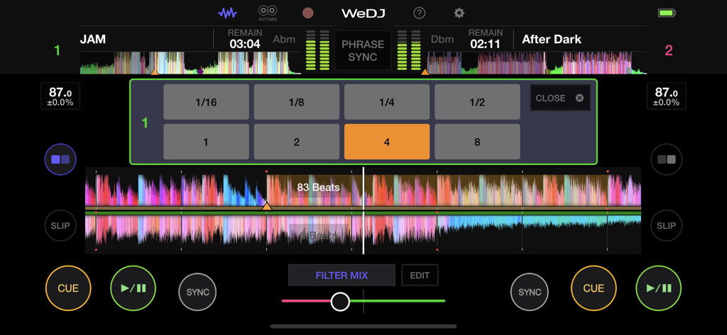 WeDJ for iPhone app showing the performance interface with waveforms and loop selection pads