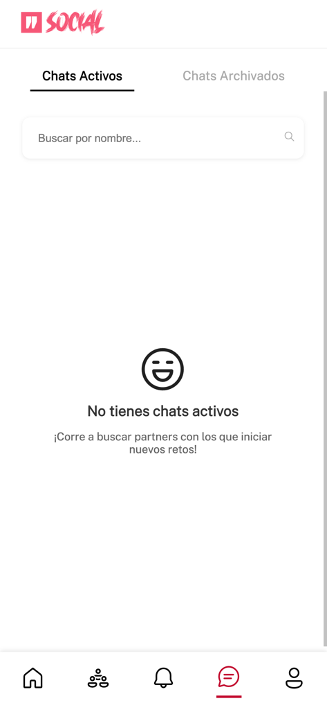 WodBuster Social - Tela de chats ativos do aplicativo WodBuster Social mostrando um estado vazio com uma barra de pesquisa e menu de navegação