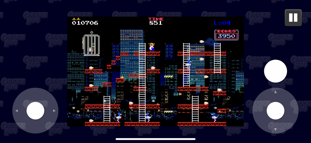 Chuckie Egg Remake - Jogabilidade de Chuckie Egg Remake em celular mostrando plataformas e escadas retrô pixelizadas