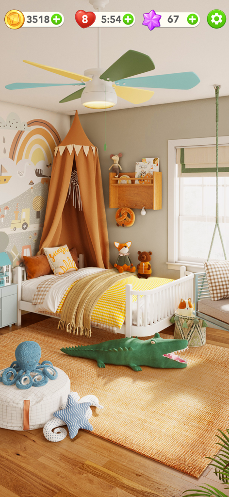 A beautifully decorated kids bedroom with a rainbow mural and cozy bedding in Makeover Tile