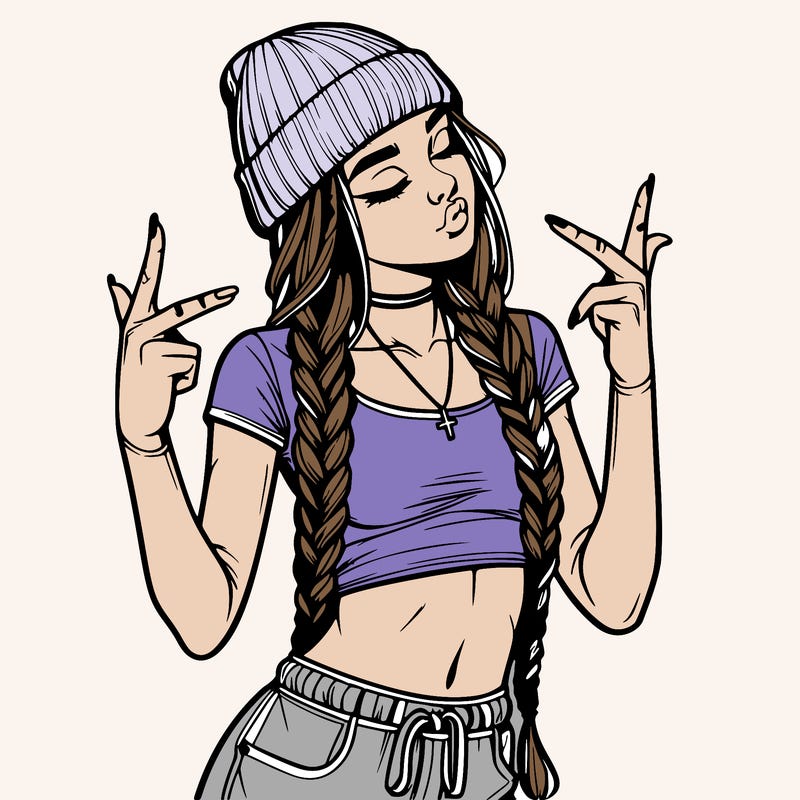 realistic teenage girl with braids and a beanie and crop top doing 🫶🏼