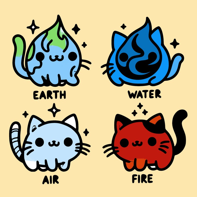4 cats that represent the different elements, earth, water, air, and fire