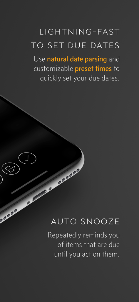 Due app features highlighting natural date parsing and persistent auto snooze reminders.