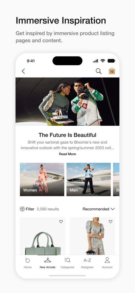 Bloomingdale’s Middle East - ブルーミングデール 中東モバイルアプリのインターフェース。高級ファッションコレクションと製品リストを表示。