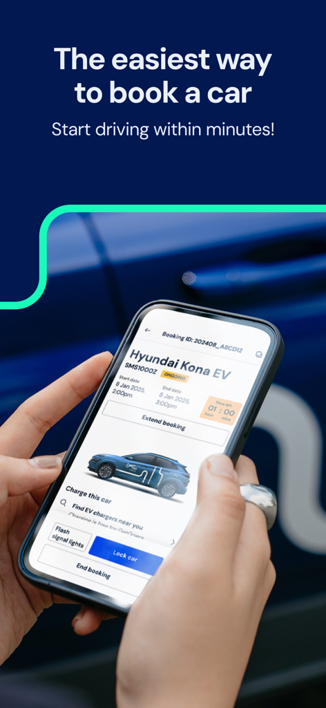 GetGo Carsharing - Smartphone zeigt eine Autobuchung für einen Hyundai Kona EV in der GetGo Carsharing App