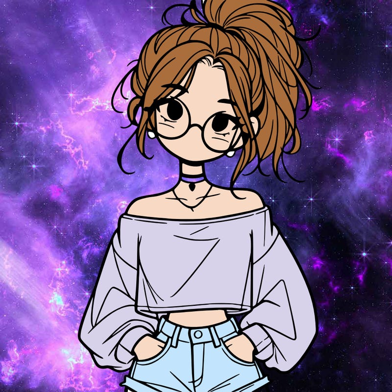 girl with a messy ponytail glasses a baggy crop top and jean shorts