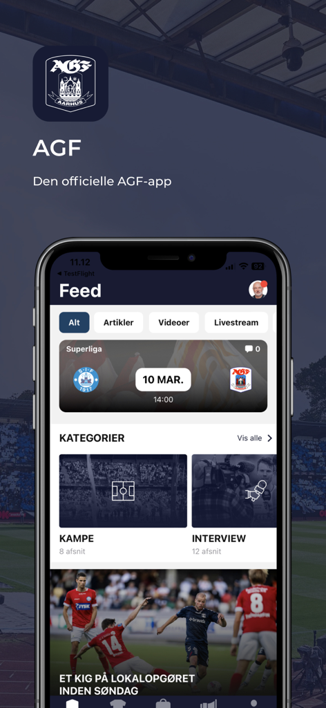 AGF App - Screenshot of the AGF official app feed displaying soccer match schedules and sports news