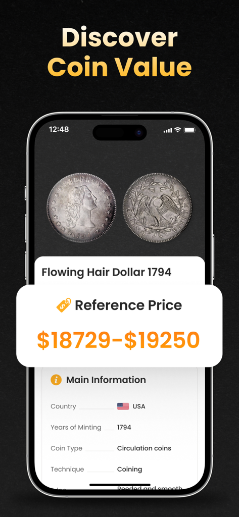 Coin ID Scanner: Value Checker - Pantalla de una aplicación móvil mostrando la identificación y el valor de mercado de un raro Dólar Flowing Hair de 1794