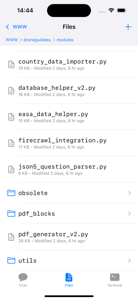 CodeAgents Mobile - CodeAgents Mobile app file explorer showing Python scripts and project folders.