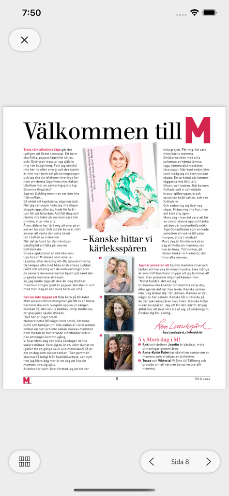 Arcy - Interfaccia del lettore digitale dell'app Arcy che mostra un articolo di una rivista di lifestyle svedese.