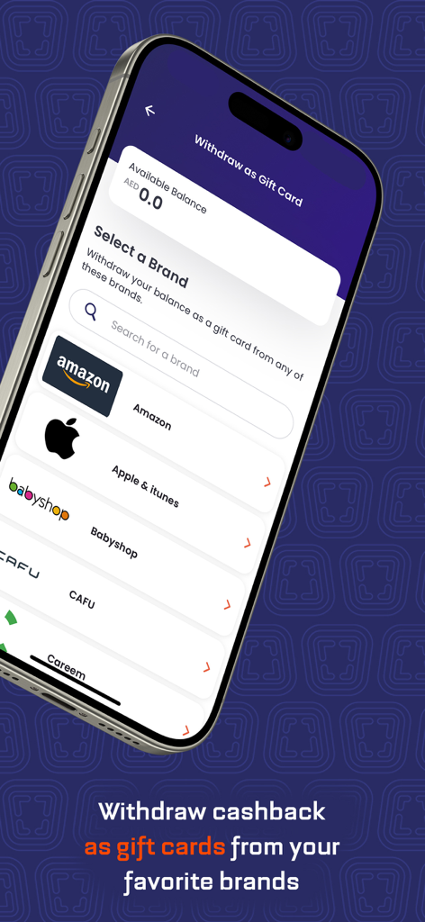 Pantalla de la aplicación móvil ShopCash mostrando opciones para retirar el cashback como tarjetas de regalo de marcas como Amazon y Apple.