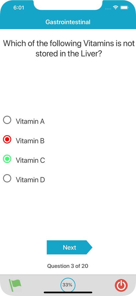A multiple-choice USMLE Step 1 practice question about vitamins in the Gastrointestinal category of the mobile app.