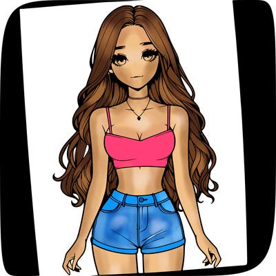 a realistic girl with long hair and in a crop top and shprts