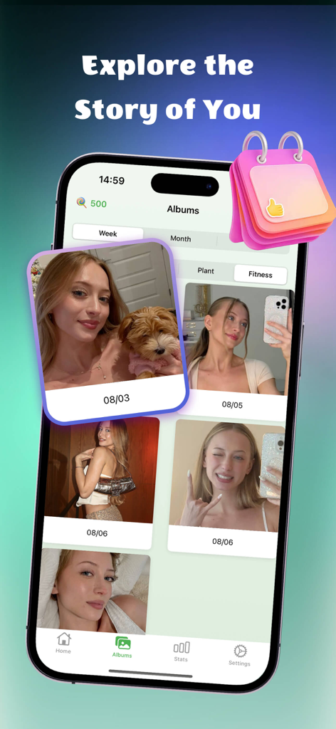 Ezaculaアプリのインターフェース。人生の節目と成長の追跡を示す写真ギャラリーを表示します。