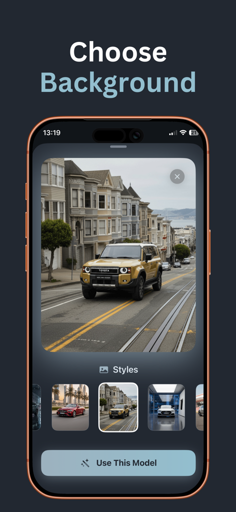 AI Car Modification - CarModo - CarModo app interface showing the selection of an urban background for a yellow modified SUV.