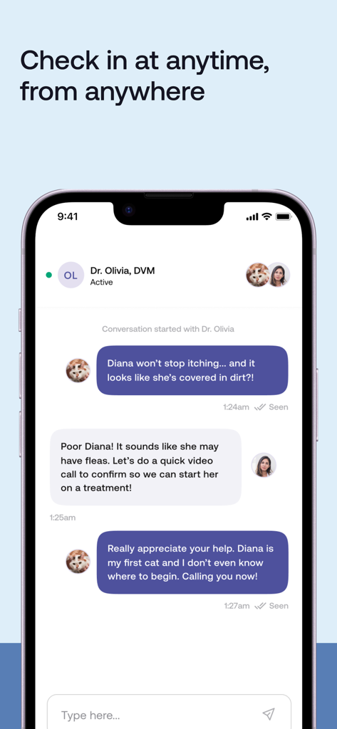 Un écran mobile montrant une conversation par chat 24h/24 et 7j/7 entre un propriétaire d'animal et un vétérinaire agréé dans l'application Pawp.