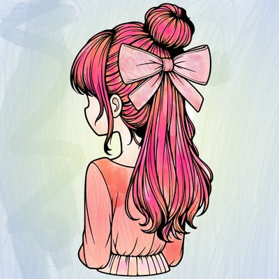 realistic girl  with hip length hair a bun and a big bow on the back of head