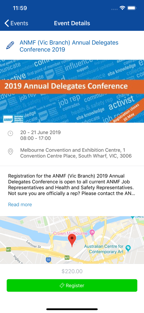 Event details screen for the ANMF Annual Delegates Conference featuring event info a map and a register button